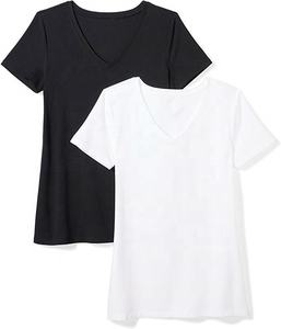 T-shirt vierge à manches courtes 100% coton pour femmes, col en V, de haute qualité, avec étiquette privée et impression personnalisée, t-shirt pour femmes, vente en gros en vrac - Product Image 4