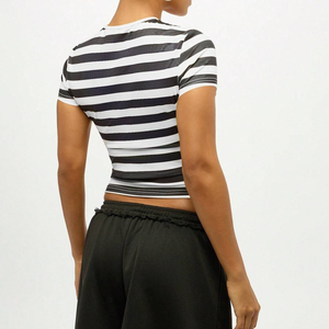 Women's Summer Fashion Cropped <b>Striped</b> T-Shirt Slim Short Sleeve O-Neck <b>Crop</b> <b>Top</b> for Gym Fitness Workout Cotton Breathable - Product Image 3