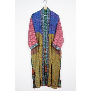 Kimono Robe Unique Fait Main Vintage Japonais 100% Soie Satinée Col en V avec Cordon de Serrage pour Femme, Patchwork Long Élégant et Doux pour l'Été - Product Image 6