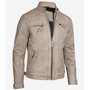 OEM 2026 Best Selling Beige Cowhide Leather <b>Jacket</b> Men's Stand Collar <b>Zipper</b> <b>Pockets</b> 100% High Quality Low MOQ Fashion <b>Jackets</b> - Product Image 5