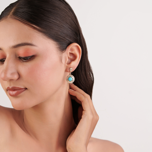 Pendientes de Oro Amarillo de 14K con Turquesa de Corte Cabujón y Doble Halo de Diamantes, Joyería de Boda para Mujer, Más Vendidos - Product Image 6