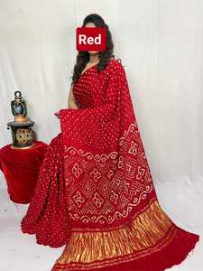 <b>Red</b> Bandhani <b>Saree</b> Embossed Ethnic Wear for Women Traditional Indian Wedding Party Outfit - Product Image 1