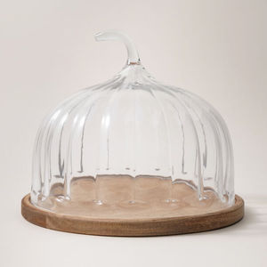 Dôme à gâteau en verre en forme de cercle, résistant au four, avec base en bois, plateau à gâteau réutilisable - Product Image 2