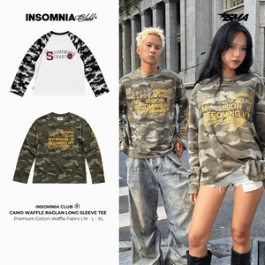 เสื้อยืดคอกลมแขนยาวลายพรางทรงโอเวอร์ไซส์สำหรับวัยรุ่น สไตล์ลำลอง โลโก้สีทองที่แขนขวา ผ้าฝ้าย 100% ปักลายวาฟเฟิล - Product Image 6