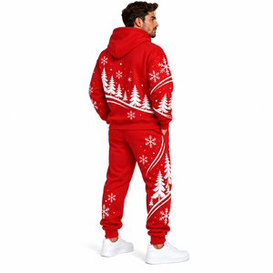 Conjunto de Sudadera con Capucha y Pantalones Deportivos Rojos Navideños para Hombre con Copos de Nieve Blancos y Pinos, Trajes Deportivos de Invierno - Product Image 6