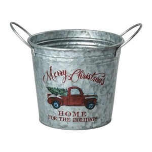 Cubo Metálico Vintage para Decoración Navideña con Camión Rojo y Diseño de Feliz Navidad para el Hogar en las Fiestas - Product Image 1