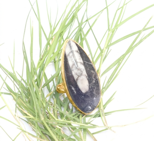 Natural Orthoceras Gemstone <b>Ring</b> 925 Sterling <b>Silver</b> Rose &Yellow Gold Plated Handmade Pear Cabochon <b>Statement</b> Jewelry Gift <b>Ring</b> - Product Image 5