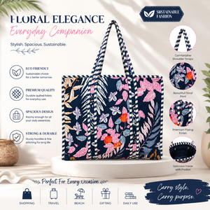 Premium Quilted Cotton Tote <b>Bag</b> with Floral Tropical Print Reusable Travel Shopping Beach Handbag Lightweight Stylish Spacious - Product Image 5