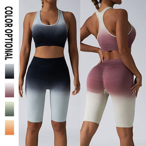 Conjunto de Yoga con Degradado de Color, Top Corto Deportivo y Pantalones Cortos de Cintura Alta, 2 Piezas, Sin Costuras, Spandex, Poliéster, Elástico en 4 Direcciones - Product Image 5