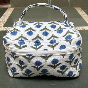 Classic Blue Floral Embroidered Cosmetic <b>Case</b> with Zipper Closure and Soft Handle Medium Size Textile Makeup Pouch - Product Image 4