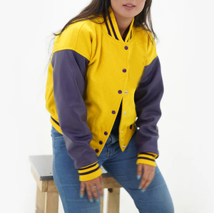 Veste universitaire en cuir véritable personnalisée grande taille pour femmes vêtements d'extérieur d'hiver Patchwork en tissu de laine longue pour le printemps - Product Image 5