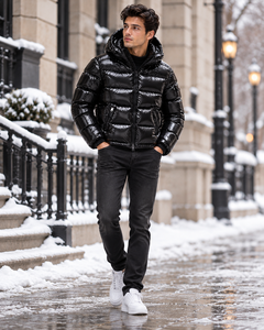 Blouson matelassé noir brillant à capuche pour homme, coupe ample, épais, style streetwear, fermeture éclair, pour l'hiver - Product Image 3