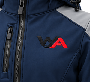 Chaqueta Softshell Azul Marino Personalizada para Mujer con Capucha, Paneles Grises, Impermeable, Bolsillos con Cremallera, Puños Ajustables, Abrigo para Exteriores OEM - Product Image 5