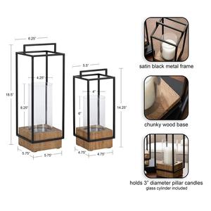 Farmhouse Wooden Base Metal Candle <b>Lanterns</b> – Removable Glass <b>Hurricane</b> Cylinder Set - Product Image 3