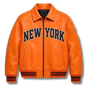 Blouson bomber premium orange style Avirex New York Knicks |   Cuir véritable enduit, imperméable, coupe-vent, lourd - Product Image 2