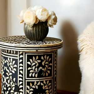 Traditional <b>Round</b> <b>Console</b> <b>Table</b> With Floral Inlay Storage Drawer Antique Style Wooden Pedestal Base Living Room Furniture - Product Image 2