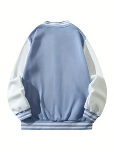 Veste universitaire unisexe bleu clair, color-block, doublure polaire, décontractée, coupe classique, col rabattu, fermeture boutonnée - Product Image 2