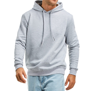 Sweat-shirt à capuche gris clair pour homme, coupe classique, en coton French Terry, décontracté, pour l'automne, couleur unie, tricoté, manches longues - Product Image 1