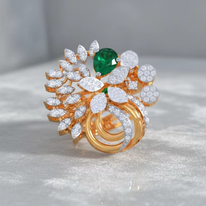 Bague de déclaration de luxe en or vert émeraude avec motif floral et accent diamant pour femme, bijoux de mariage - Product Image 1