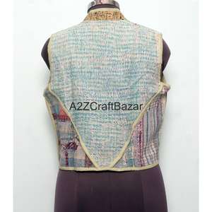 Handmade 100% Pure Cotton Kantha Women's Breathable <b>Quilted</b> Printed Non Woven Floral <b>Pattern</b> Spring/Autumn <b>Jacket</b> Cut Sleeve - Product Image 5