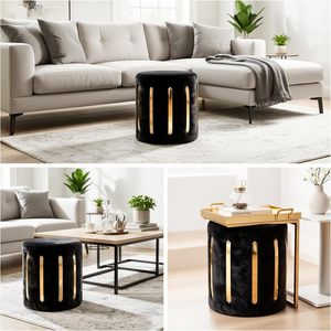 Velvet Round Golden Multiple Strip Ottoman Office Stool Foot Rest Stool Linen Fabric Padded Seat <b>Pouf</b> Ottoman with Round Shape - Product Image 3