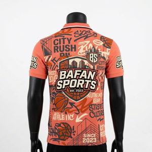 Polo homme en polyester 200 GSM haute qualité, imprimé graphique orange, style streetwear, avec logo. - Product Image 4