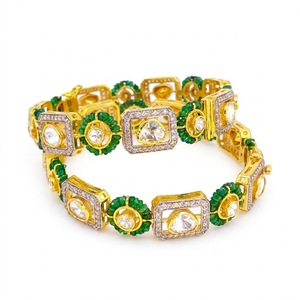 925 Silver Monzo Bangles Green <b>Stone</b> Crystal Designer Kada Set for Crystal Pear <b>Cut</b> Stones Women Wedding Jewelry - Product Image 1