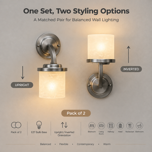 Juego de dos lámparas de pared modernas E27 con metal cepillado y pantalla de vidrio texturizado para instalación vertical o invertida en interiores. - Product Image 4