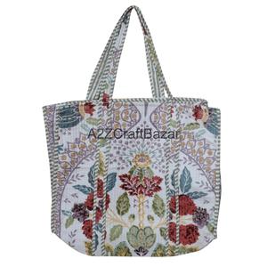 Eco-Friendly Women's 100% Cotton Quilted Tote <b>Bag</b> <b>Long</b> Handle Large Size Made Rajasthan for Daily Use Travel Party - Product Image 4