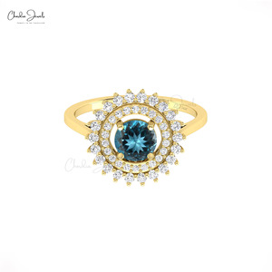Anillo de cóctel con doble halo de topacio azul de Londres de corte redondo de 6 mm y diamantes en oro macizo de 14k, anillo de compromiso y boda. - Product Image 1