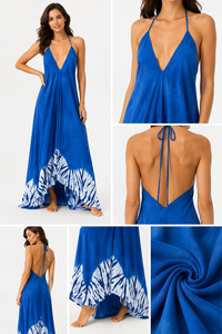 Robe longue bohème bleue pour femme, col plongeant en V, dos nu, pour soirée, 100 % coton, coupe trapèze, vente en gros, fournisseur direct d'usine - Product Image 6