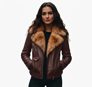 Blouson bomber tendance pour femme en cuir véritable avec col en fourrure, coupe-vent d'hiver, épais, manches longues, longueur standard, vêtement de mode - Product Image 2