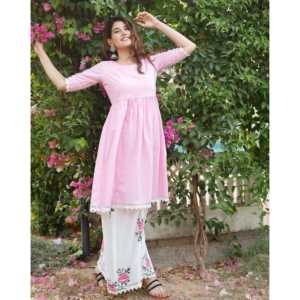 ชุดคุรตะผ้าฝ้ายสีชมพูกุหลาบ ลายบล็อกพิมพ์มือ แขนสามส่วน สไตล์ลำลอง ไซส์ XS - Product Image 5