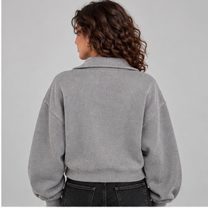 Custom Logo Women’s Cropped Corduroy Zip Up Jacket | Casual Ribbed Oversized Sweatshirt with <b>Balloon</b> Sleeves | Loose Fit Two-Way - Product Image 4