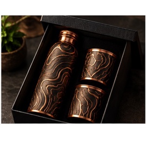 Artisian Copper Water Bottle <b>Flask</b> and <b>2</b> <b>Cups</b> Set with Spiral Pattern Gift Box Modern Portable Drinkware - Product Image 4