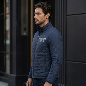 Men's Navy Quilted <b>Jacket</b> With Custom Logo Front Zipper Stand Collar Casual Autumn Wear Windproof Polyester Wadding - Product Image 2