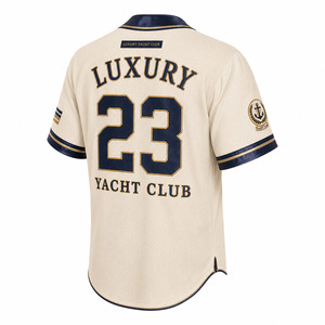 Luxury Yacht Club Baseball Jersey Men's Cream Navy Gold Embroidered Mesh Short Sleeve Button <b>Down</b> Regular Fit Adult All Seasons - Product Image 4