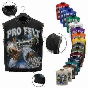 Vintage Washed <b>Rhinestone</b> Brand Name Custom Sleeveless Tank <b>Top</b> Men Streetwear Washed Cotton Distressed Shirt Casual Style Shirt - Product Image 1