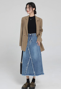 Jupe longue en jean esthétique pour femme, style décontracté, avec ceinture, coupe crayon, tricotée, couleur délavée, pour les fêtes printemps-été - Product Image 4