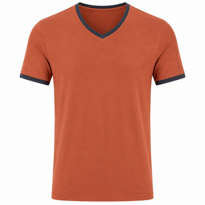 Camiseta al por mayor de cuello en V color naranja quemado con cuello y puños de contraste oscuro, ropa casual personalizada para hombre - Product Image 1