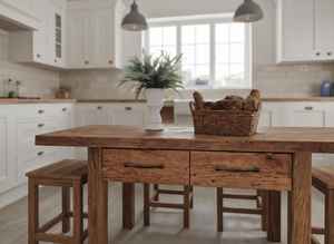 โต๊ะรับประทานอาหารไม้เนื้อแข็งคุณภาพดี พร้อมลิ้นชักเก็บของในตัว ชุดเฟอร์นิเจอร์ครัวสไตล์บ้านไร่แบบเรียบง่าย พร้อมม้านั่งไม้เข้าชุด - Product Image 5