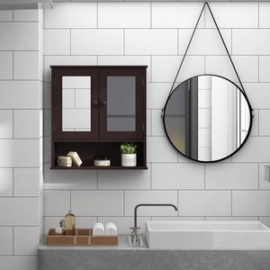 <b>Wall</b> <b>Mounted</b> Wooden Bathroom <b>Cabinet</b> Modern Storage Shelf with Double Door and Open Compartment for Medicine and Toiletries - Product Image 2