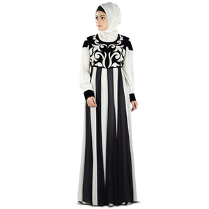 Robe longue élégante en mousseline noire et blanche, col rond, manches longues, coupe droite simple et naturelle pour femme - Product Image 4