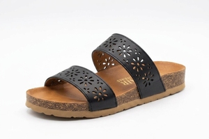 Sandales plates en cuir véritable à bout ouvert, découpes florales, semelle en liège, à enfiler, chaussures d'été - Product Image 2