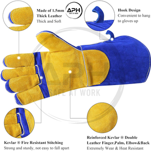 Guantes de Soldador de Piel de Vacuno Azul Oscuro con Palma Amarilla, Resistentes al Calor, con Puño Extendido, para Trabajo Pesado - Product Image 5