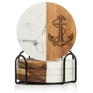 Marble Top Wood <b>Coaster</b> <b>Set</b> Modern Beverage Holders For Restaurant Hotel Cafe Dining And Home Entertaining Accessories - Product Image 3