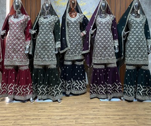 การเย็บปักถักร้อยด้านหน้าและด้านหลังแบบหรูหรา georgette gharara, หิน zarkan, dupatta หนักที่มีเส้นขอบ (ชุดขายส่ง5ชิ้น) - Product Image 2