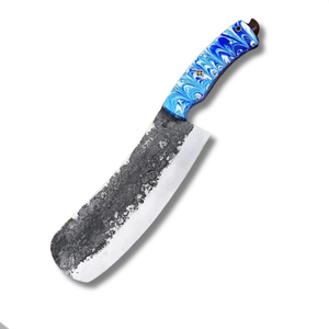 Couteau à viande artisanal en acier au carbone avec manche en résine bleue et étui en cuir – Couteaux de survie et de chasse en gros - Product Image 1