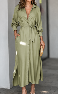 Vestido Camisero Azul Satinado de Verano para Mujer, Cintura Alta, Manga Larga, Cierre de Botones, Maxi Vestido con Bolsillos para Oficina, Talla XL - Product Image 3