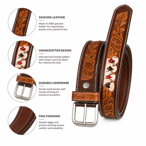 Premium Handcrafted Genuine <b>Leather</b> Belt for Men Floral <b>Tooled</b> Belt with Card Suit Inlay Pattern - Product Image 3